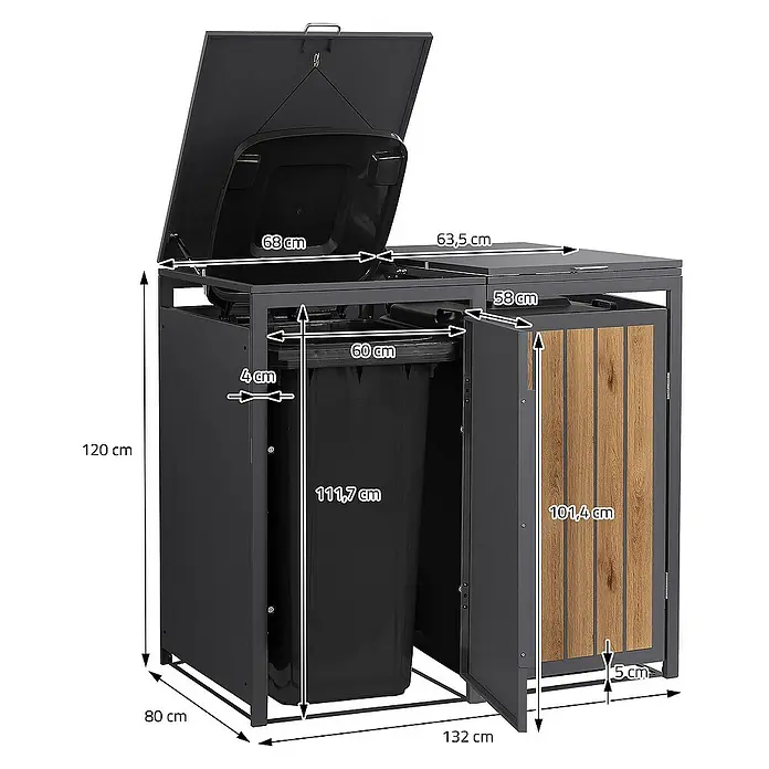 ML-Design Mülltonnenbox Mülltonnencontainer mit Klappdeckel/Tür für 2 Tonne 120 oder 240 Liter - Stahl, Eiche hell, Geeignet für Anzahl Mülltonnen: 2 Stk. - Bild einer Mülltonnenbox mit Maßangaben. Die Box ist für zwei Mülltonnen und hat eine Holzverkleidung an der Seite.