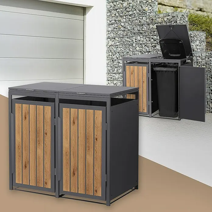 ML-Design Mülltonnenbox Mülltonnencontainer mit Klappdeckel/Tür für 2 Tonne 120 oder 240 Liter - Stahl, Eiche hell, Geeignet für Anzahl Mülltonnen: 2 Stk. - Doppelter Mülltonnenbox und Einzelbox mit Holzverkleidung und Metallrahmen für den Außenbereich zur stilvollen Mülltrennung.