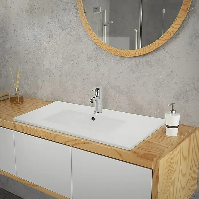 LuxeBath Einbauwaschbecken Aufsatzwaschtisch Weiß inkl. Ablaufgarnitur mit Überlauf Waschschale - Mit Überlauf, Weiß - Modernes Badezimmerwaschbecken mit weißem Becken, Holzunterschrank und Armatur. Ein stilvolles Element für jedes Badezimmerdesign.