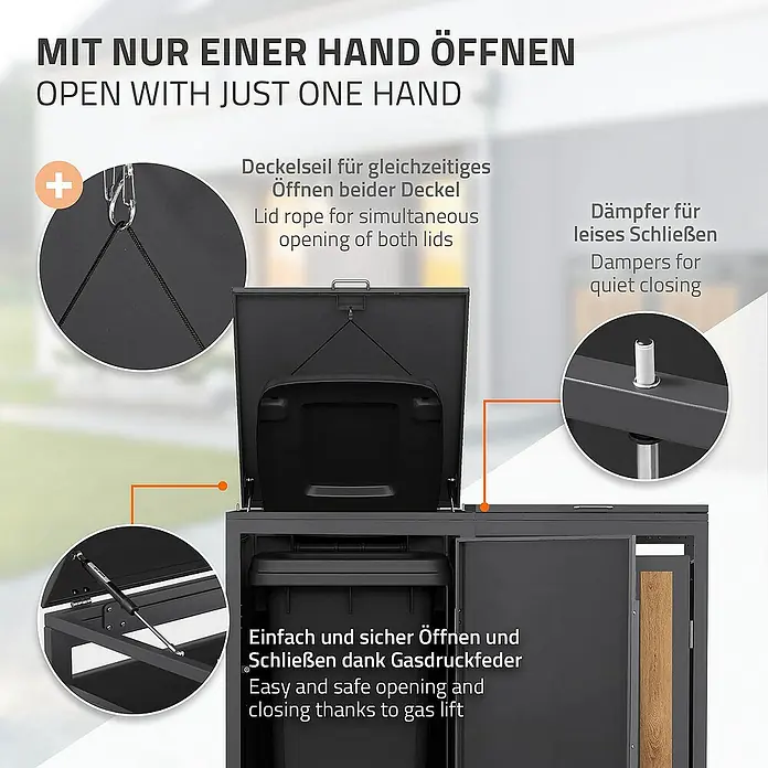 ML-Design Mülltonnenbox Mülltonnencontainer mit Klappdeckel/Tür für 2 Tonne 120 oder 240 Liter - Stahl, Eiche hell, Geeignet für Anzahl Mülltonnen: 2 Stk. - Diese Mülltonnenbox ist mit nur einer Hand zu öffnen und verfügt über eine Gasdruckfeder, die ein einfaches und sicheres Öffnen und Schließen ermöglicht.