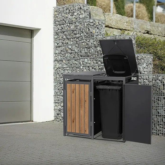 ML-Design Mülltonnenbox Mülltonnencontainer mit Klappdeckel/Tür für 2 Tonne 120 oder 240 Liter - Stahl, Eiche hell, Geeignet für Anzahl Mülltonnen: 2 Stk. - Mülltonnenbox aus Metall mit Holzverkleidung und Deckelöffnung für zwei Mülltonnen. Praktische und stilvolle Lösung zur Müllaufbewahrung.