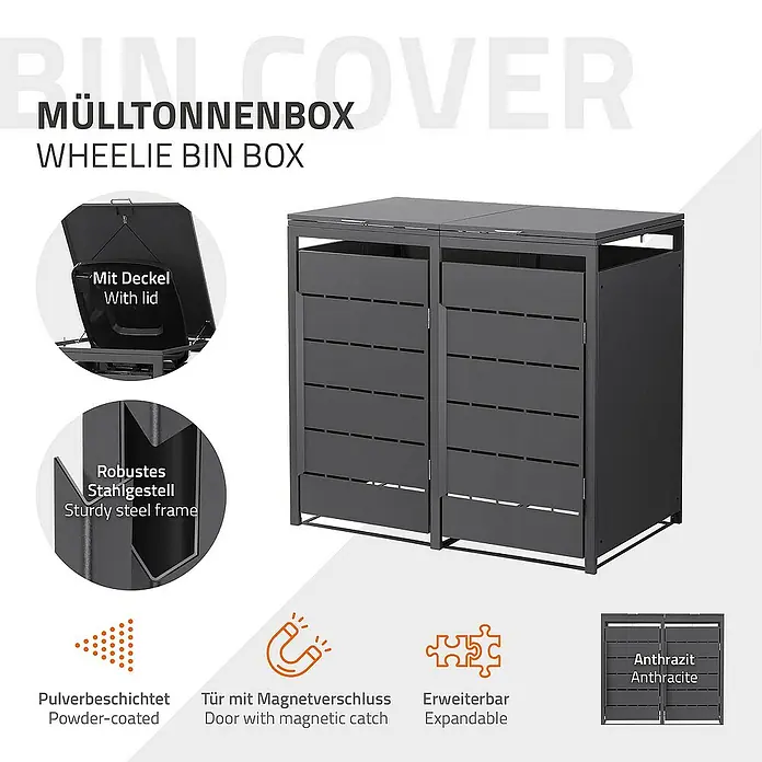 ML-Design Mülltonnenbox 2er 240L mit Klappdeckel und Magnetverschluss 132x80x120 cm Anthrazit - Stahl, Anthrazit, Geeignet für Anzahl Mülltonnen: 2 Stk. - Produktbild einer anthrazitfarbenen Mülltonnenbox mit robustem Stahlgestell, Pulverbeschichtung und Magnetverschluss für die Türen.