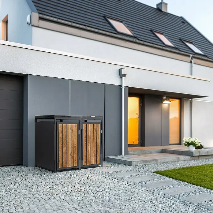 ML-Design Mülltonnenbox Mülltonnencontainer mit Klappdeckel/Tür für 2 Tonne 120 oder 240 Liter - Stahl, Eiche hell, Geeignet für Anzahl Mülltonnen: 2 Stk. - Moderne Mülltonnenbox aus anthrazitfarbenem Metall mit Holzelementen vor einem stilvollen Haus. Praktische und ästhetische Lösung für die Müllentsorgung.