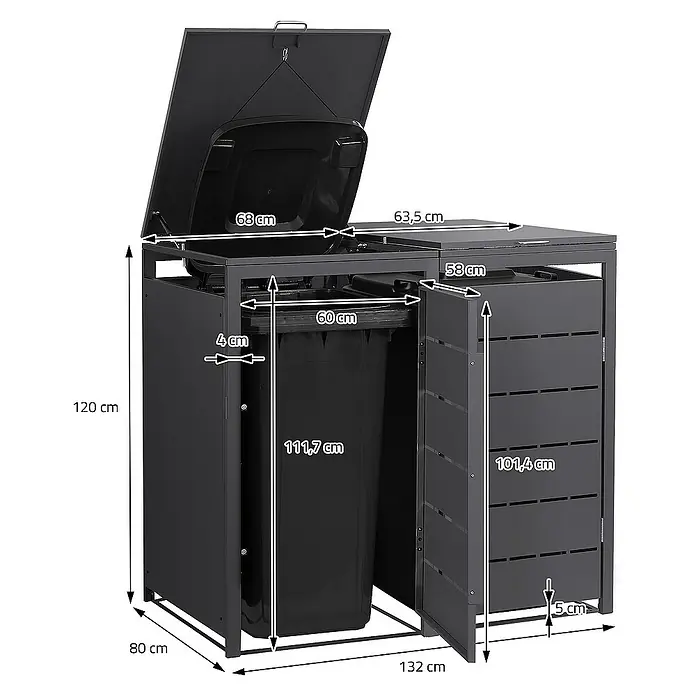 ML-Design Mülltonnenbox 2er 240L mit Klappdeckel und Magnetverschluss 132x80x120 cm Anthrazit - Stahl, Anthrazit, Geeignet für Anzahl Mülltonnen: 2 Stk. - Bild eines Mülltonnenbox-Systems aus Metall mit Abmessungen, geöffnetem Deckel und zwei Fächern.