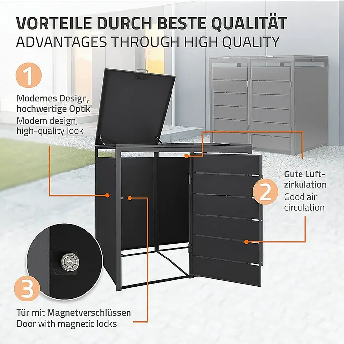 ML-Design Mülltonnenbox 2er 240L mit Klappdeckel und Magnetverschluss 132x80x120 cm Anthrazit - Stahl, Anthrazit, Geeignet für Anzahl Mülltonnen: 2 Stk. - Bild einer Mülltonnenbox mit Magnetverschlüssen.