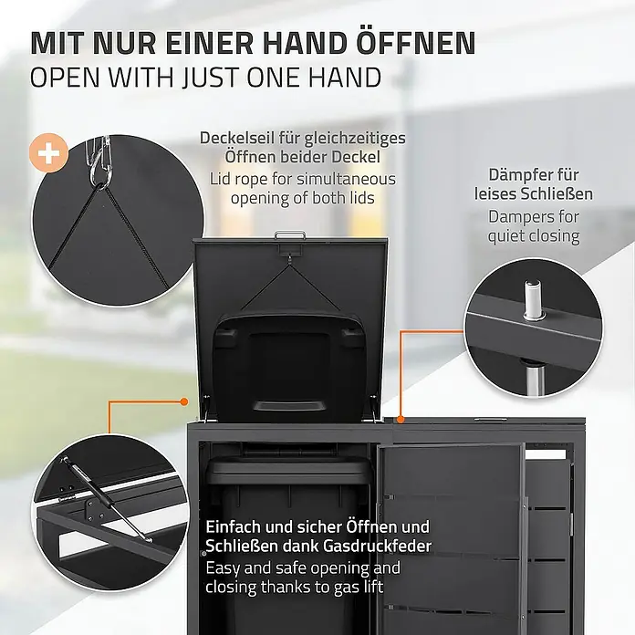ML-Design Mülltonnenbox 2er 240L mit Klappdeckel und Magnetverschluss 132x80x120 cm Anthrazit - Stahl, Anthrazit, Geeignet für Anzahl Mülltonnen: 2 Stk. - Produktdetailaufnahme einer Mülltonnenbox mit Gasdruckfeder, Seilzugsystem und Dämpfern für sanftes Schließen.