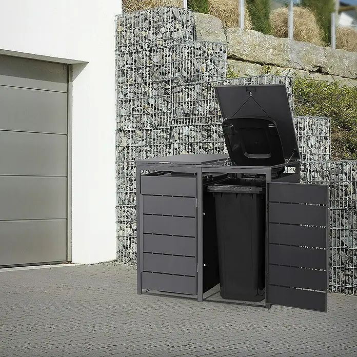 ML-Design Mülltonnenbox 2er 240L mit Klappdeckel und Magnetverschluss 132x80x120 cm Anthrazit - Stahl, Anthrazit, Geeignet für Anzahl Mülltonnen: 2 Stk. - Mülltonnenbox aus grauem Metall mit geöffnetem Deckel und Tür, perfekt für die stilvolle Mülltrennung im Außenbereich.