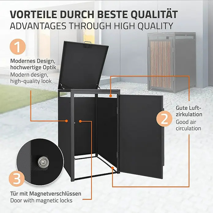 ML-Design Mülltonnenbox Mülltonnencontainer mit Klappdeckel/Tür für 1 Tonne 120 oder 240 Liter - Stahl, Eiche dunkel, Geeignet für Anzahl Mülltonnen: 1 Stk. - Das Bild zeigt eine Mülltonnenbox mit Beschriftungen, die die Vorteile des Produkts hervorheben.