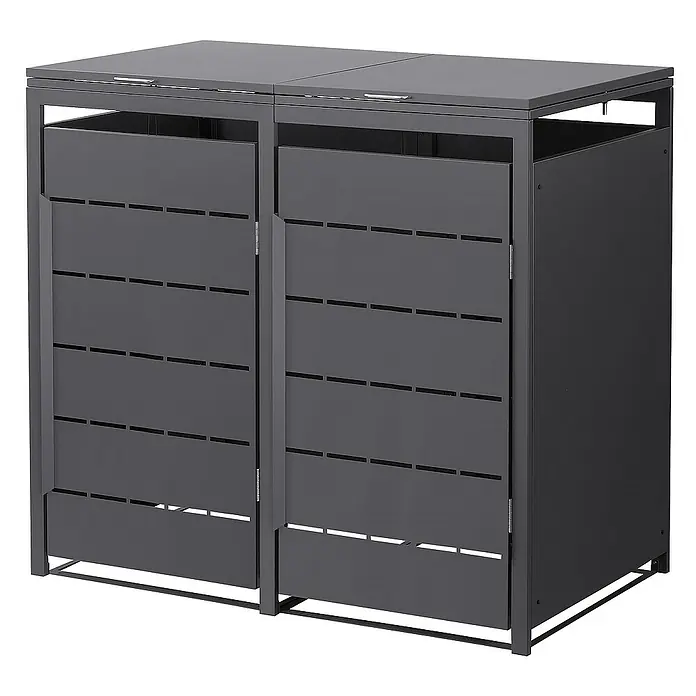 ML-Design Mülltonnenbox 2er 240L mit Klappdeckel und Magnetverschluss 132x80x120 cm Anthrazit - Stahl, Anthrazit, Geeignet für Anzahl Mülltonnen: 2 Stk. - Ein grauer, doppelter Mülltonnenbox zur Aufbewahrung im Außenbereich mit horizontalen Schlitzen.