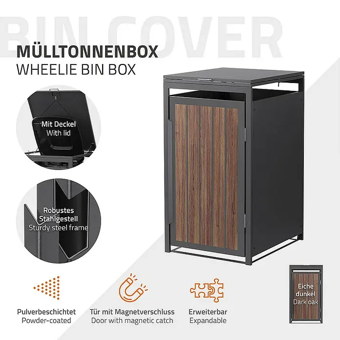 ML-Design Mülltonnenbox Mülltonnencontainer mit Klappdeckel/Tür für 1 Tonne 120 oder 240 Liter - Stahl, Eiche dunkel, Geeignet für Anzahl Mülltonnen: 1 Stk. - Bild einer Mülltonnenbox mit dunkelbrauner Holztür und robustem Stahlrahmen, pulverbeschichtet, mit Magnetverschluss und erweiterbar.