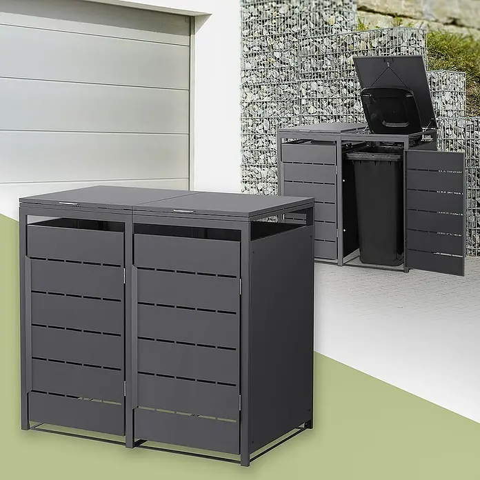 ML-Design Mülltonnenbox 2er 240L mit Klappdeckel und Magnetverschluss 132x80x120 cm Anthrazit - Stahl, Anthrazit, Geeignet für Anzahl Mülltonnen: 2 Stk. - Mülltonnenboxen aus Metall, ein praktisches und stilvolles Möbelstück für die Aufbewahrung von Mülltonnen im Außenbereich.