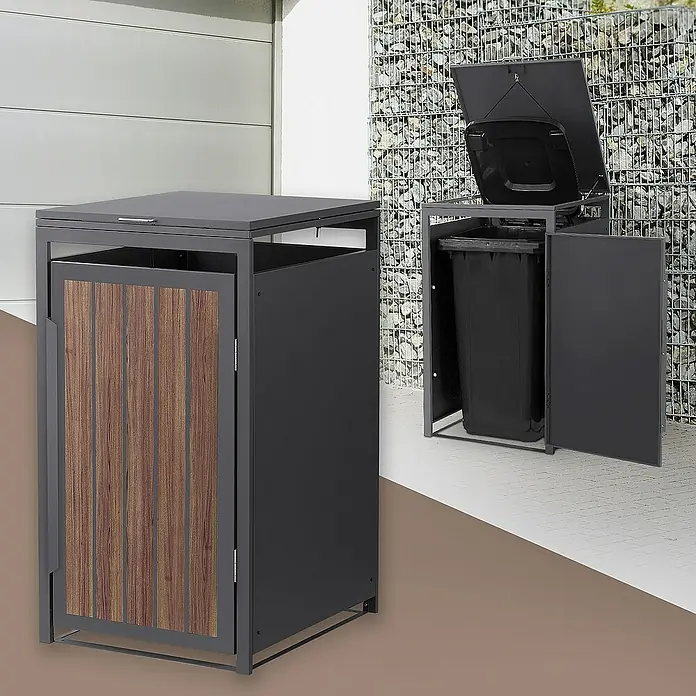 ML-Design Mülltonnenbox Mülltonnencontainer mit Klappdeckel/Tür für 1 Tonne 120 oder 240 Liter - Stahl, Eiche dunkel, Geeignet für Anzahl Mülltonnen: 1 Stk. - Ein modernes Mülltonnenbox-Design mit Holzdetails und einer stabilen Metallkonstruktion für den Außenbereich.