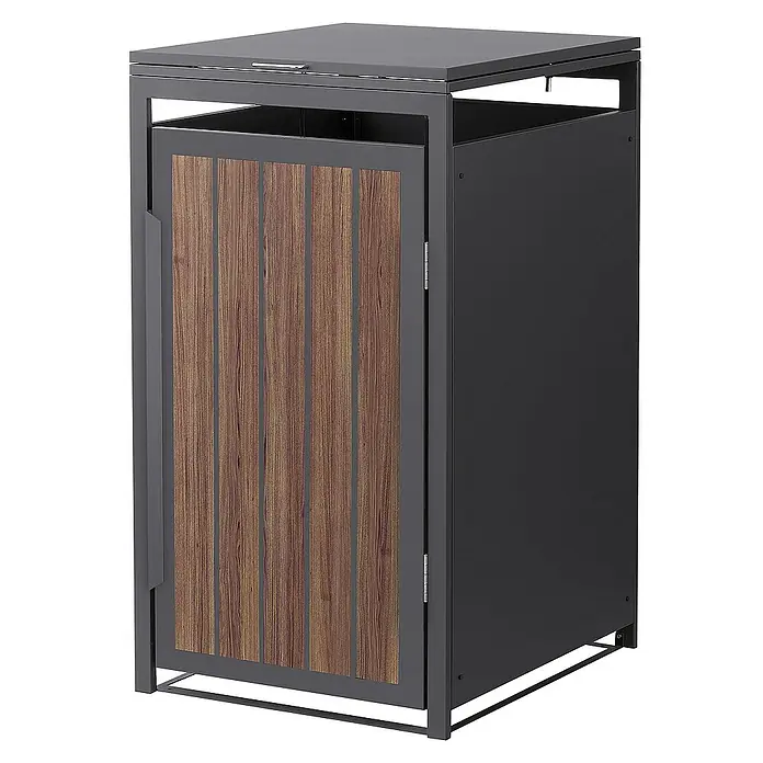 ML-Design Mülltonnenbox Mülltonnencontainer mit Klappdeckel/Tür für 1 Tonne 120 oder 240 Liter - Stahl, Eiche dunkel, Geeignet für Anzahl Mülltonnen: 1 Stk. - Dieser Mülltonnenbox in Anthrazit mit Holztür bietet eine stilvolle und praktische Lösung zur Aufbewahrung von Mülltonnen im Außenbereich.