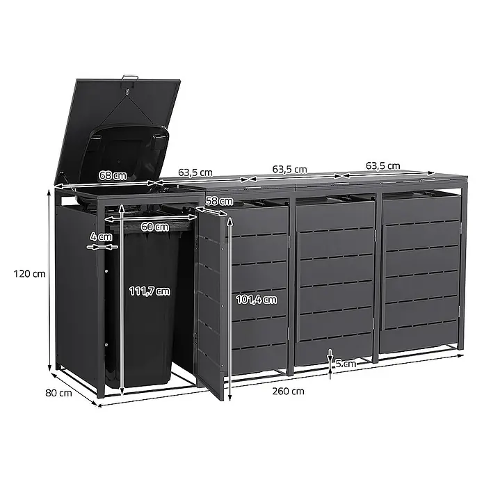 ML-Design Mülltonnenbox 4er 240L mit Klappdeckel 260x80x120 cm Anthrazit - Stahl, Anthrazit, Geeignet für Anzahl Mülltonnen: 4 Stk. - Abbildung eines Mülltonnenbox-Systems in Anthrazit mit verschiedenen Größenangaben. Ideal für die ordentliche Mülltrennung im Außenbereich.