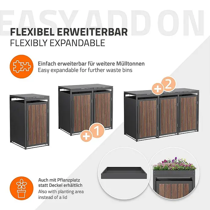 ML-Design Mülltonnenbox Mülltonnencontainer mit Klappdeckel/Tür für 1 Tonne 120 oder 240 Liter - Stahl, Eiche dunkel, Geeignet für Anzahl Mülltonnen: 1 Stk. - Das Bild zeigt einen flexibel erweiterbaren Mülltonnenständer mit optionalem Pflanzbereich anstelle eines Deckels.