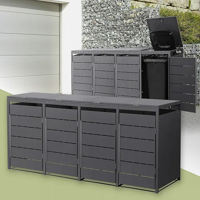 ML-Design Mülltonnenbox 4er 240L mit Klappdeckel 260x80x120 cm Anthrazit - Stahl, Anthrazit, Geeignet für Anzahl Mülltonnen: 4 Stk. - Graue Mülltonnenboxen mit Lamellen-Design für den Außenbereich zur stilvollen Mülltonnenaufbewahrung.