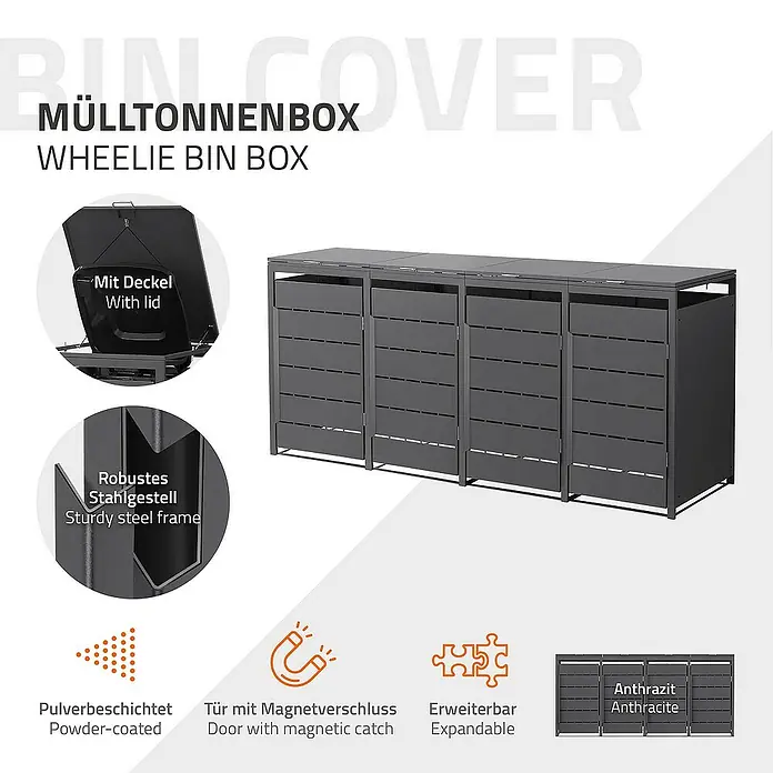 ML-Design Mülltonnenbox 4er 240L mit Klappdeckel 260x80x120 cm Anthrazit - Stahl, Anthrazit, Geeignet für Anzahl Mülltonnen: 4 Stk. - Bild einer anthrazitfarbenen Mülltonnenbox mit Deckel, robustem Stahlgestell, Magnetverschluss und Pulverbeschichtung. Erweiterbar.