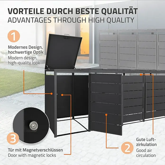 ML-Design Mülltonnenbox 4er 240L mit Klappdeckel 260x80x120 cm Anthrazit - Stahl, Anthrazit, Geeignet für Anzahl Mülltonnen: 4 Stk. - Bild einer Mülltonnenbox mit den Vorteilen hervorgehoben: modernes Design, gute Luftzirkulation und Tür mit Magnetverschlüssen.
