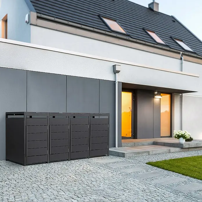 ML-Design Mülltonnenbox 4er 240L mit Klappdeckel 260x80x120 cm Anthrazit - Stahl, Anthrazit, Geeignet für Anzahl Mülltonnen: 4 Stk. - Das Bild zeigt vier graue Mülltonnenboxen vor einem modernen Haus. Die Boxen sind schlicht und funktional gestaltet.