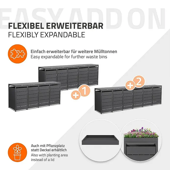 ML-Design Mülltonnenbox 4er 240L mit Klappdeckel 260x80x120 cm Anthrazit - Stahl, Anthrazit, Geeignet für Anzahl Mülltonnen: 4 Stk. - Bild zeigt ein flexibles, erweiterbares Mülltonnen-System mit optionaler Pflanzfläche, ideal für die diskrete Aufbewahrung von Mülltonnen.