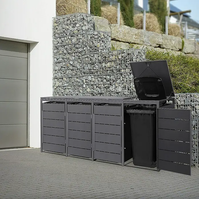 ML-Design Mülltonnenbox 4er 240L mit Klappdeckel 260x80x120 cm Anthrazit - Stahl, Anthrazit, Geeignet für Anzahl Mülltonnen: 4 Stk. - Mülltonnenbox für drei Mülltonnen aus grauem Metall mit schrägen Lamellen und geöffnetem Deckel.