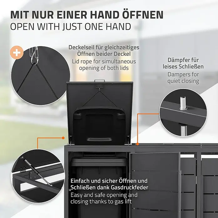 ML-Design Mülltonnenbox 4er 240L mit Klappdeckel 260x80x120 cm Anthrazit - Stahl, Anthrazit, Geeignet für Anzahl Mülltonnen: 4 Stk. - Mülltonnenbox mit Deckelseil, Gasdruckfeder und Dämpfern für ein einfaches, sicheres und leises Öffnen und Schließen mit nur einer Hand.