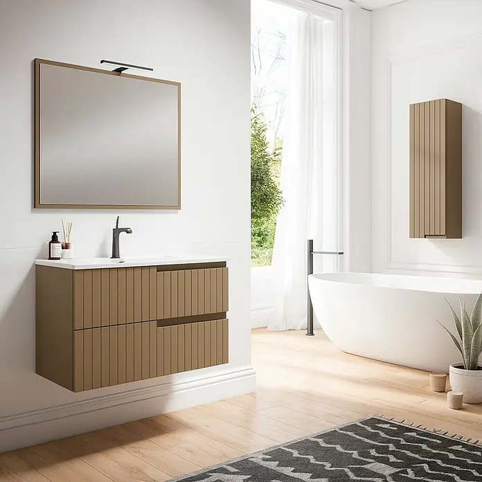 Mueble bajo de lavabo Claire - L x An x Al: 45 x 100 x 50 cm, Moka, 1 seno, salida central, Número de cajones: 2 ud. - Baño moderno con mueble de lavabo con aspecto de madera, espejo y bañera exenta. Diseño elegante para un interior de baño chic.