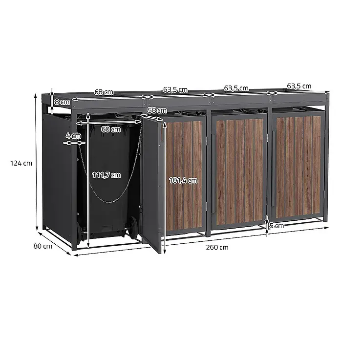 ML-Design Mülltonnenbox Mülltonnencontainer mit Pflanzdach für 4 Tonnen 120 oder 240 Liter - Stahl, Eiche dunkel, Geeignet für Anzahl Mülltonnen: 4 Stk. - Ansicht eines Mülltonnenbox-Systems mit Größenangaben, das eine stilvolle und praktische Lösung für die Müllentsorgung bietet.