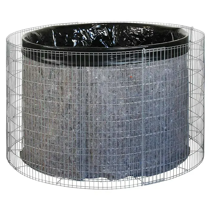 Bellissa Gabionen-Hochteich - Wasserfass Bausatz - Stahl, Fassungsvermögen Wasser: 750 l - Dieser Artikel zeigt einen Komposter mit Drahtgitter und Folie, ideal für Gartenabfälle und Kompostierung im Freien.