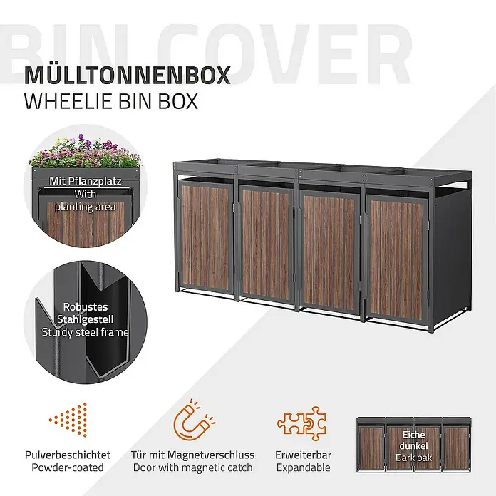 ML-Design Mülltonnenbox Mülltonnencontainer mit Pflanzdach für 4 Tonnen 120 oder 240 Liter - Stahl, Eiche dunkel, Geeignet für Anzahl Mülltonnen: 4 Stk. - Eine Mülltonnenbox mit Pflanzplatz, robustem Stahlgestell, Magnetverschluss, erweiterbar und mit dunkler Eiche versehen.