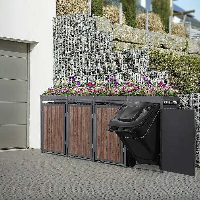 ML-Design Mülltonnenbox Mülltonnencontainer mit Pflanzdach für 4 Tonnen 120 oder 240 Liter - Stahl, Eiche dunkel, Geeignet für Anzahl Mülltonnen: 4 Stk. - Diese Mülltonnenbox bietet eine stilvolle Möglichkeit, Mülltonnen zu verbergen und gleichzeitig den Garten zu verschönern.