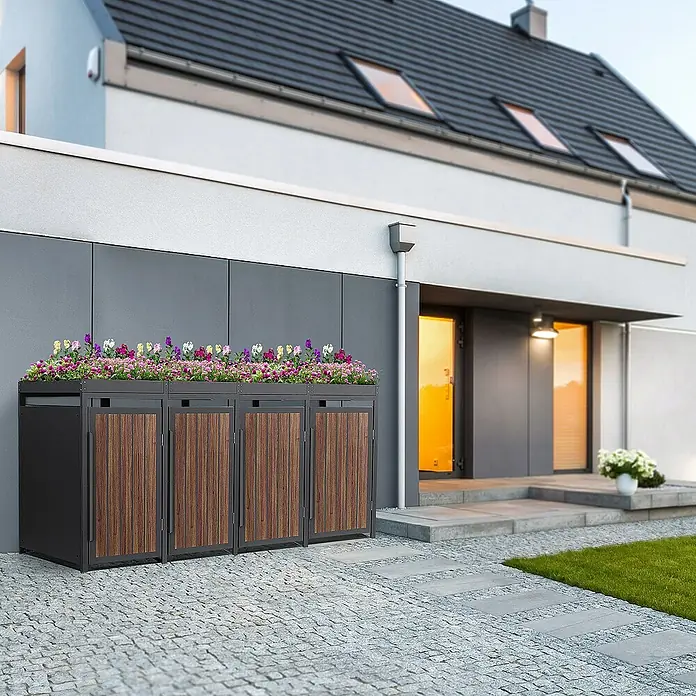 ML-Design Mülltonnenbox Mülltonnencontainer mit Pflanzdach für 4 Tonnen 120 oder 240 Liter - Stahl, Eiche dunkel, Geeignet für Anzahl Mülltonnen: 4 Stk. - Die Mülltonnenbox mit Pflanzbeet ist eine stilvolle Lösung für die Müllentsorgung im Außenbereich. Das integrierte Beet bietet Platz für Pflanzen.
