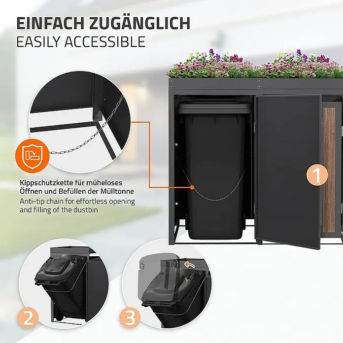 ML-Design Mülltonnenbox Mülltonnencontainer mit Pflanzdach für 4 Tonnen 120 oder 240 Liter - Stahl, Eiche dunkel, Geeignet für Anzahl Mülltonnen: 4 Stk. - Darstellung einer Mülltonnenbox mit Kippschutzkette für müheloses Öffnen und Befüllen der Mülltonne.