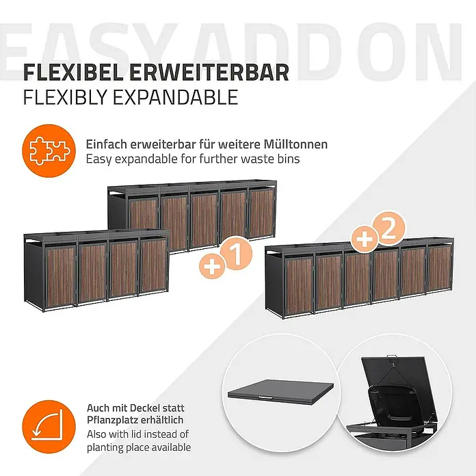 ML-Design Mülltonnenbox Mülltonnencontainer mit Pflanzdach für 4 Tonnen 120 oder 240 Liter - Stahl, Eiche dunkel, Geeignet für Anzahl Mülltonnen: 4 Stk. - Das Bild zeigt eine flexibel erweiterbare Mülltonnenbox mit verschiedenen Erweiterungsoptionen und Deckelvarianten.