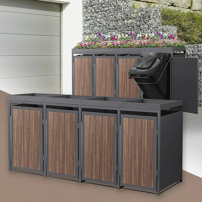 ML-Design Mülltonnenbox Mülltonnencontainer mit Pflanzdach für 4 Tonnen 120 oder 240 Liter - Stahl, Eiche dunkel, Geeignet für Anzahl Mülltonnen: 4 Stk. - Das Bild zeigt eine stilvolle Mülltonnenbox mit Holzelementen und integriertem Pflanzkasten für eine ansprechende Gartengestaltung.