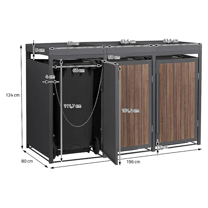 ML-Design Mülltonnenbox Mülltonnencontainer mit Pflanzdach für 3 Tonnen 120 oder 240 Liter - Stahl, Eiche dunkel, Geeignet für Anzahl Mülltonnen: 4 Stk. - Abmessungen der Mülltonnenbox mit drei Fächern und Kippvorrichtung, ideal für die stilvolle Aufbewahrung von Abfalltonnen im Freien.