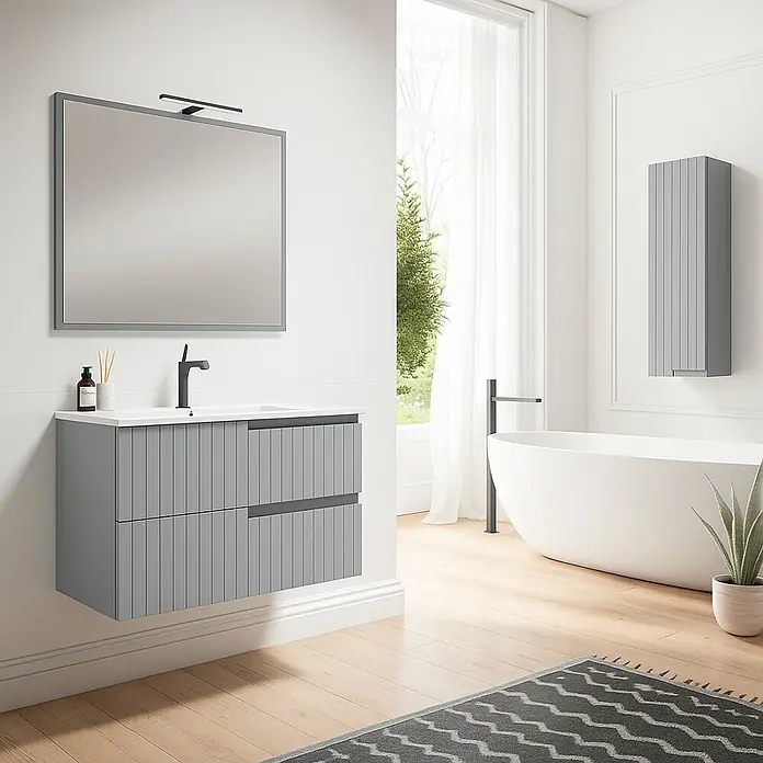 Mueble bajo de lavabo Claire - L x An x Al: 45 x 120 x 50 cm, Gris, 1 seno, salida central, Número de cajones: 2 ud. - Baño moderno con tocador gris y espejo, complementado con una bañera exenta.
