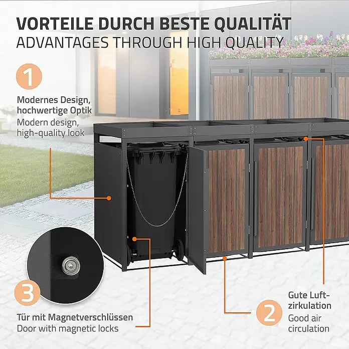 ML-Design Mülltonnenbox Mülltonnencontainer mit Pflanzdach für 4 Tonnen 120 oder 240 Liter - Stahl, Eiche dunkel, Geeignet für Anzahl Mülltonnen: 4 Stk. - Das Bild zeigt eine hochwertige Mülltonnenbox mit modernem Design, magnetischen Türschlössern und guter Luftzirkulation.