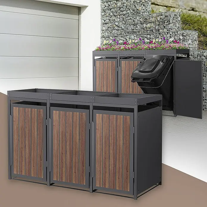 ML-Design Mülltonnenbox Mülltonnencontainer mit Pflanzdach für 3 Tonnen 120 oder 240 Liter - Stahl, Eiche dunkel, Geeignet für Anzahl Mülltonnen: 4 Stk. - Die Mülltonnenbox bietet eine stilvolle Möglichkeit, Ihre Mülltonnen zu verbergen. Mit Holzpaneelen und Pflanzkasten.