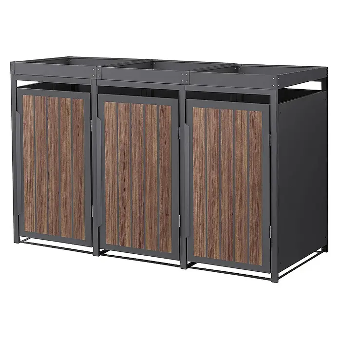 ML-Design Mülltonnenbox Mülltonnencontainer mit Pflanzdach für 3 Tonnen 120 oder 240 Liter - Stahl, Eiche dunkel, Geeignet für Anzahl Mülltonnen: 4 Stk. - Eine dreifache Abfalltrennanlage mit Holzpaneelen und einem grauen Metallrahmen für die Mülltrennung in Haushalten.