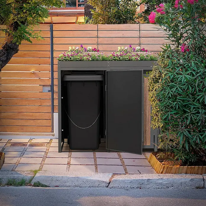 ML-Design Mülltonnenbox Mülltonnencontainer mit Pflanzdach für 3 Tonnen 120 oder 240 Liter - Stahl, Eiche dunkel, Geeignet für Anzahl Mülltonnen: 4 Stk. - Mülltonnenbox mit Pflanzkasten oben drauf, die eine Mülltonne verdeckt und dabei noch gut aussieht.