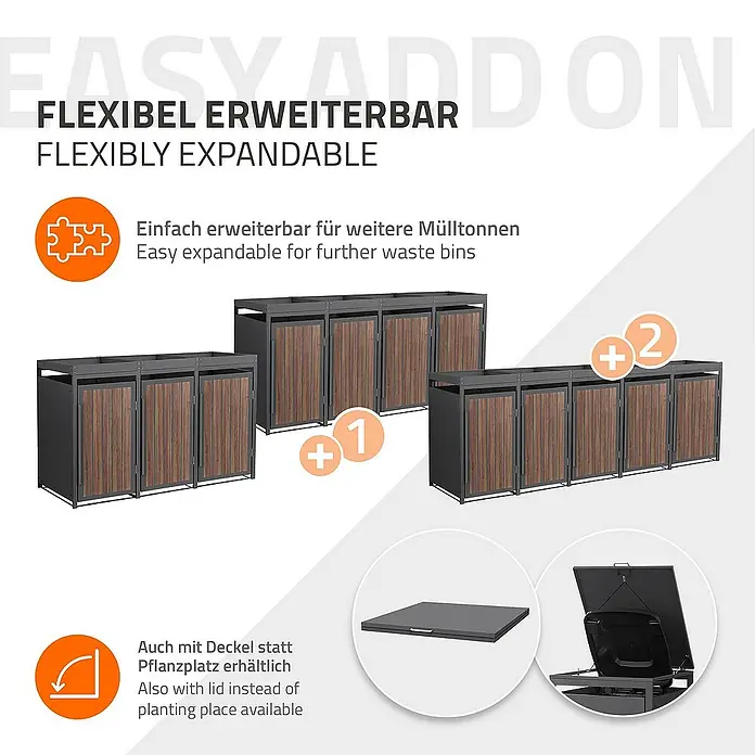 ML-Design Mülltonnenbox Mülltonnencontainer mit Pflanzdach für 3 Tonnen 120 oder 240 Liter - Stahl, Eiche dunkel, Geeignet für Anzahl Mülltonnen: 4 Stk. - Bild von flexibel erweiterbaren Mülltonnenboxen mit Holztüren und optionalem Deckel oder Pflanzplatz.