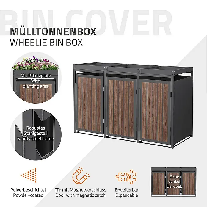 ML-Design Mülltonnenbox Mülltonnencontainer mit Pflanzdach für 3 Tonnen 120 oder 240 Liter - Stahl, Eiche dunkel, Geeignet für Anzahl Mülltonnen: 4 Stk. - Mülltonnenbox aus pulverbeschichtetem Stahl mit Pflanzbereich und magnetischem Türverschluss. Erweiterbar und in Eiche dunkel gehalten.