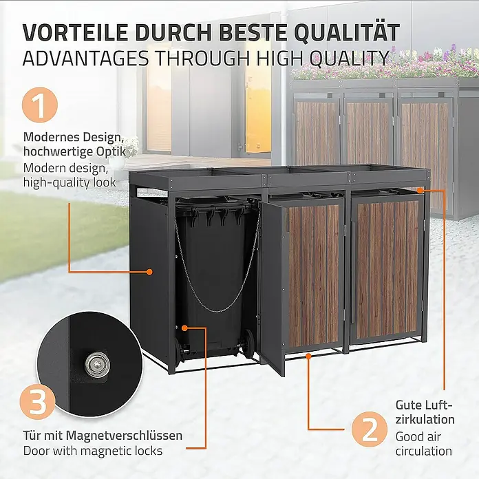 ML-Design Mülltonnenbox Mülltonnencontainer mit Pflanzdach für 3 Tonnen 120 oder 240 Liter - Stahl, Eiche dunkel, Geeignet für Anzahl Mülltonnen: 4 Stk. - Mülltonnenbox mit modernem Design und magnetischen Türschlössern für gute Luftzirkulation.