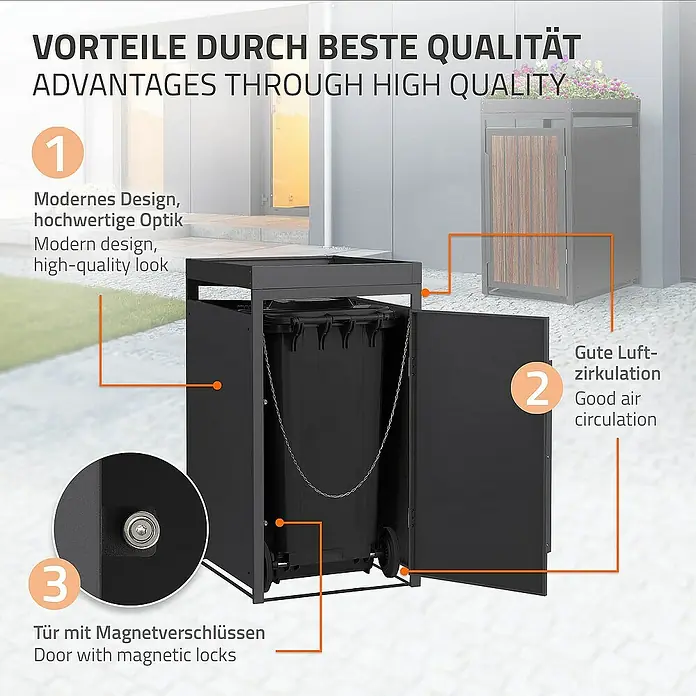 ML-Design Mülltonnenbox Mülltonnencontainer mit Pflanzdach für 1 Tonne 120 oder 240 Liter - Stahl, Eiche dunkel, Geeignet für Anzahl Mülltonnen: 1 Stk. - Produktbild einer Mülltonnenbox mit Magnetverschlüssen, die für gute Luftzirkulation sorgt und ein modernes Design hat.