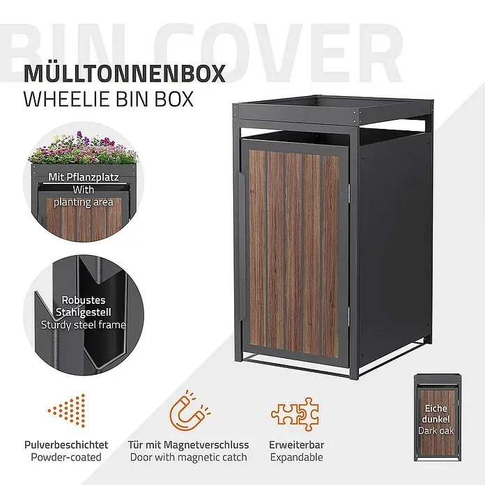 ML-Design Mülltonnenbox Mülltonnencontainer mit Pflanzdach für 1 Tonne 120 oder 240 Liter - Stahl, Eiche dunkel, Geeignet für Anzahl Mülltonnen: 1 Stk. - Mülltonnenbox aus pulverbeschichtetem Stahl mit Pflanzkasten und Tür mit Magnetverschluss in dunkler Eichenoptik.