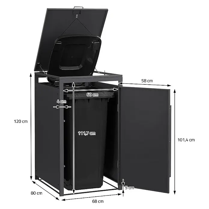 ML-Design Mülltonnenbox Mülltonnencontainer mit Klappdeckel/Tür für 1 Tonne 120 oder 240 Liter - Stahl, Eiche hell, Geeignet für Anzahl Mülltonnen: 1 Stk. - Bild eines schwarzen Mülltonnenbox mit geöffnetem Deckel und Tür, zusammen mit Maßangaben.