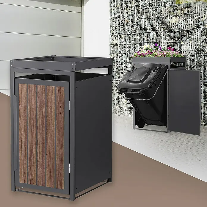 ML-Design Mülltonnenbox Mülltonnencontainer mit Pflanzdach für 1 Tonne 120 oder 240 Liter - Stahl, Eiche dunkel, Geeignet für Anzahl Mülltonnen: 1 Stk. - Das Bild zeigt zwei Mülltonnenboxen, die eine mit Holztür und die andere mit Mülltonne und Pflanzen bepflanzt, die an einer Wand befestigt sind.