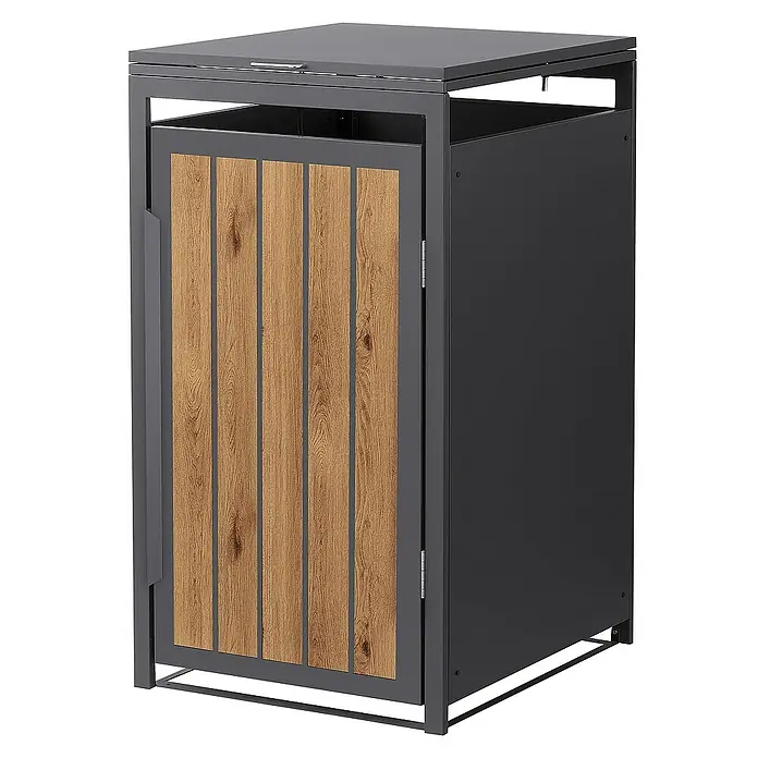 ML-Design Mülltonnenbox Mülltonnencontainer mit Klappdeckel/Tür für 1 Tonne 120 oder 240 Liter - Stahl, Eiche hell, Geeignet für Anzahl Mülltonnen: 1 Stk. - Moderner Mülltonnenbox mit Holzverkleidung und grauem Metallrahmen für den Außenbereich.