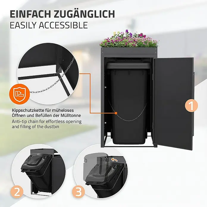 ML-Design Mülltonnenbox Mülltonnencontainer mit Pflanzdach für 1 Tonne 120 oder 240 Liter - Stahl, Eiche dunkel, Geeignet für Anzahl Mülltonnen: 1 Stk. - Mülltonnenbox mit Kippschutzketten für müheloses Öffnen und Befüllen, leicht zugänglich mit Blumenkasten obenauf.